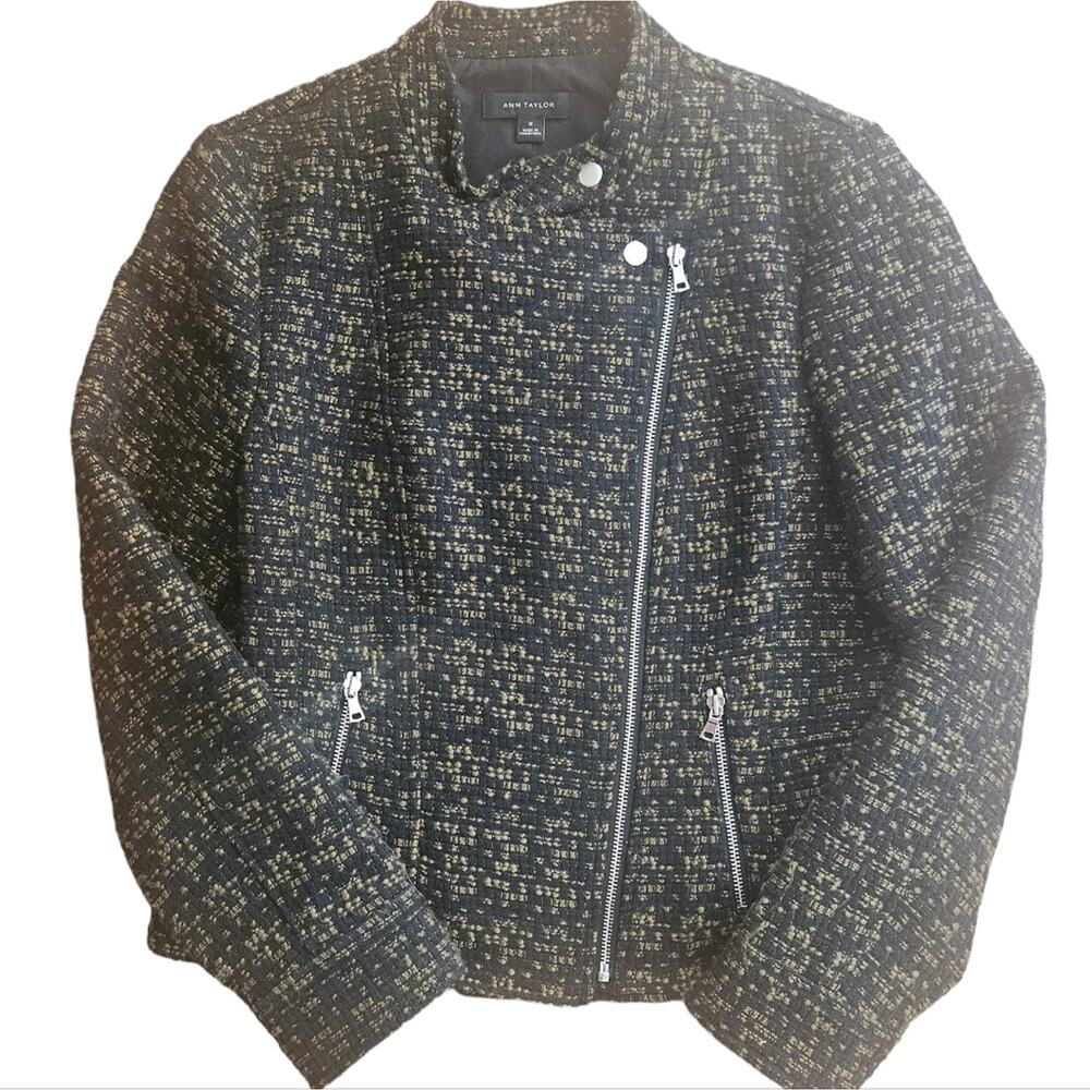 Tweed Moto Jacket Ann Taylor Green & Black Size 10 Business Casual Biker Style - Picture 9 of 10